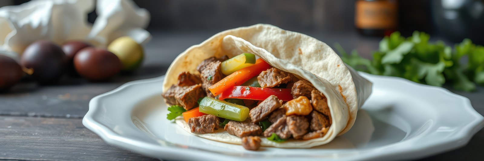 Savory beef fajita wrap filled with fresh vegetables prepared on a rustic table